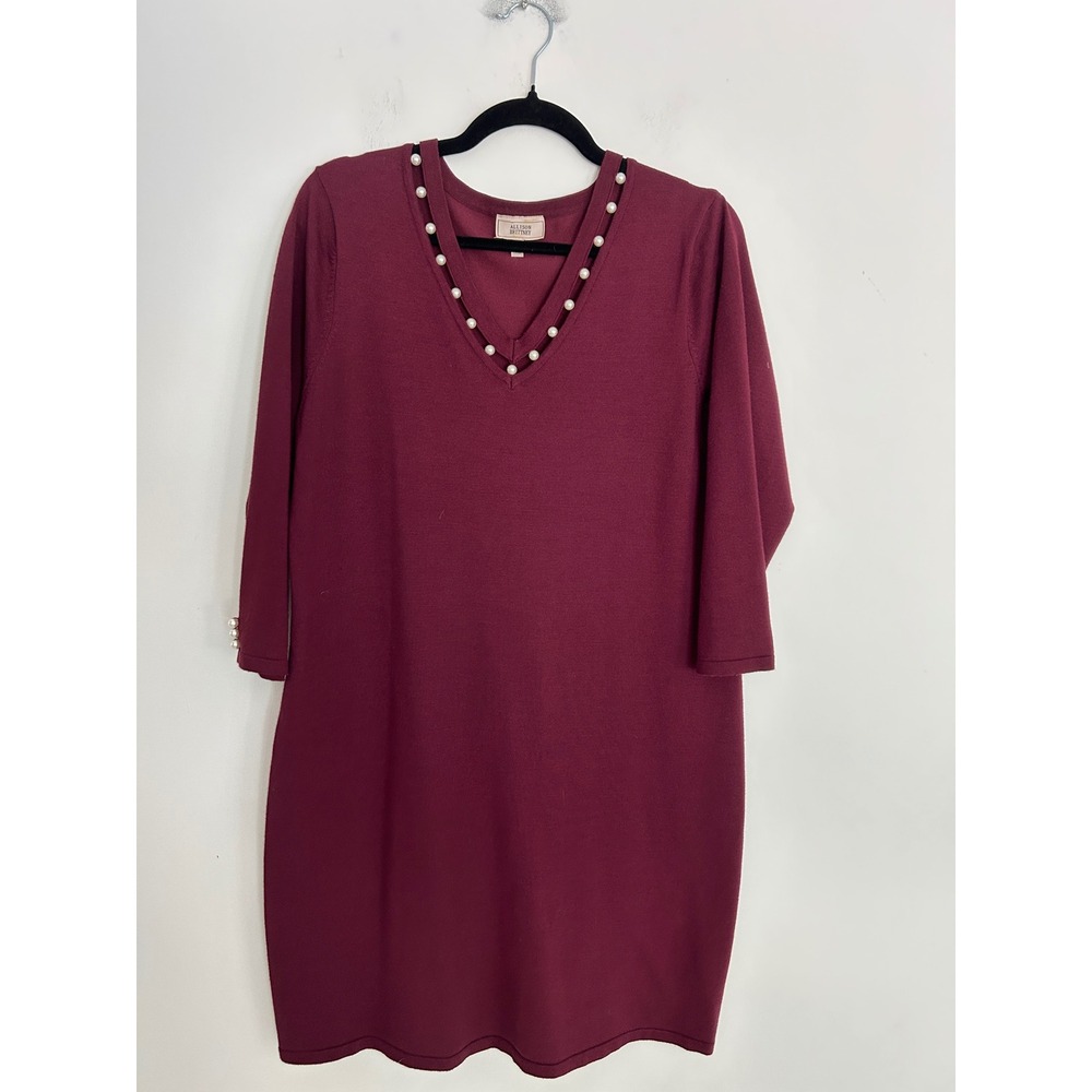 Allison Brittney Burgundy Faux Pearl V-Neck Knit Sweater Dress Womens Large